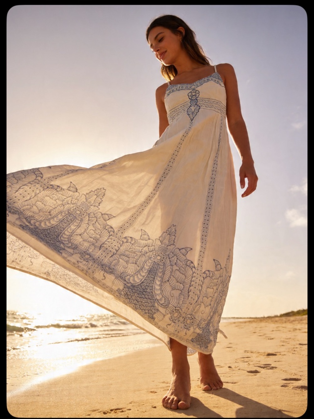 White Maxi Dress with Blue Embroidered Trim - Sleeveless Summer Dress